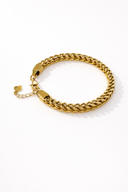 SAINT-TROPEZ woven gold chain bracelet with engraved Palms Out tag, stainless steel
